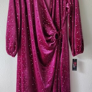 Elegant Velvet Long Sleeve Dress in Fuchsia